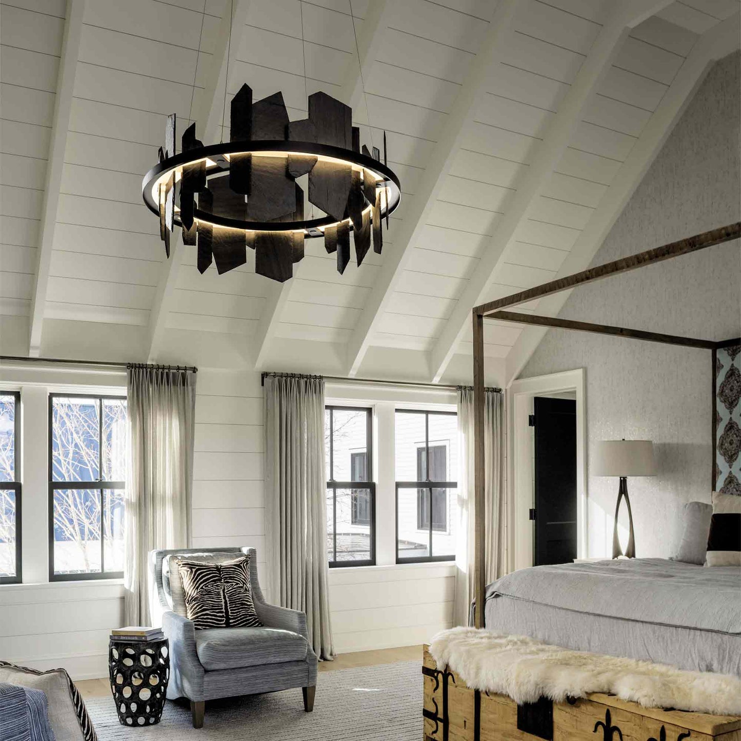 Ardesia Circular LED Pendant Light in bedroom.