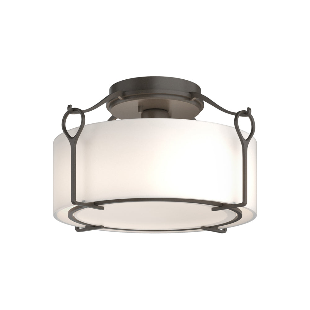 Bow Drum Semi Flush Mount Ceiling Light in Dark Smoke/Opal Glass (Medium).