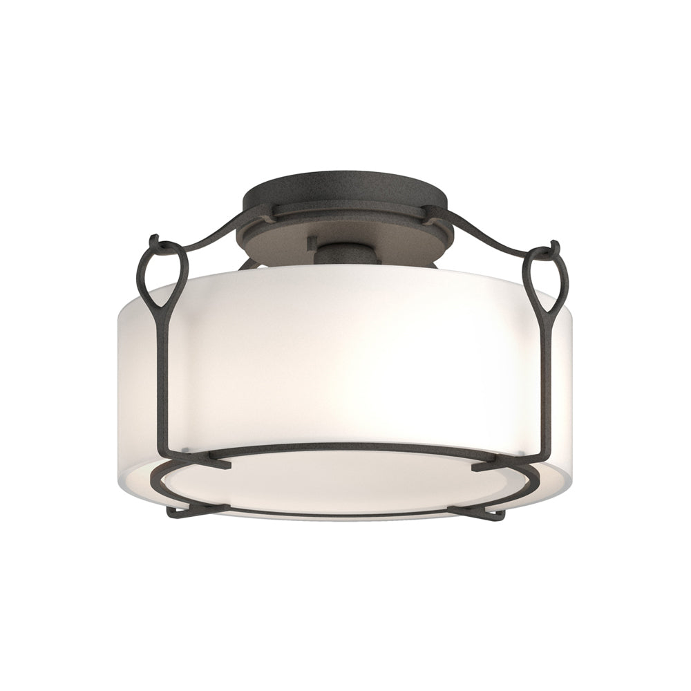 Bow Drum Semi Flush Mount Ceiling Light in Natural Iron/Opal Glass (Medium).