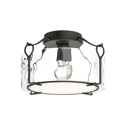 Bow Drum Semi Flush Mount Ceiling Light in Black/Water Glass (Medium).