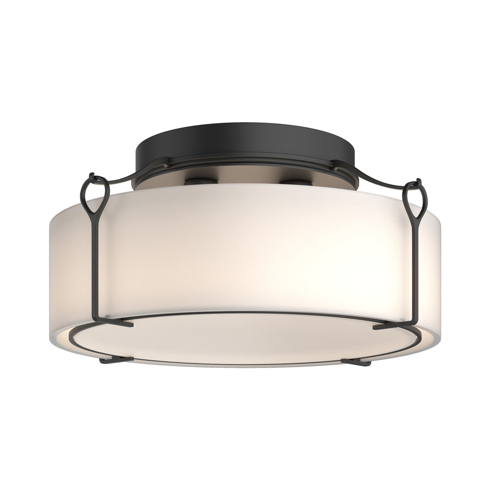 Bow Drum Semi Flush Mount Ceiling Light in Black/Opal Glass (Large).