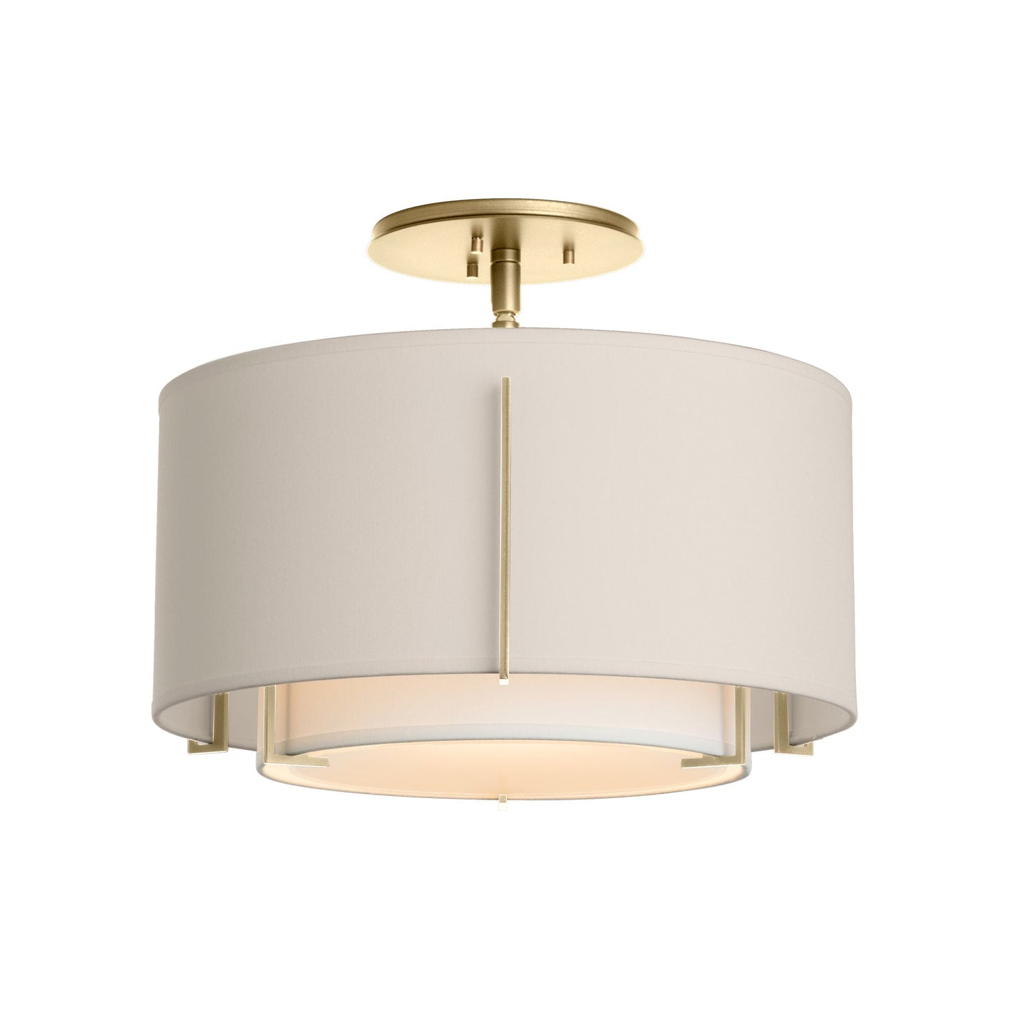 Exos Double Shade Semi Flush Mount Ceiling Light in Modern Brass/Natural Anna/Flax (Small).