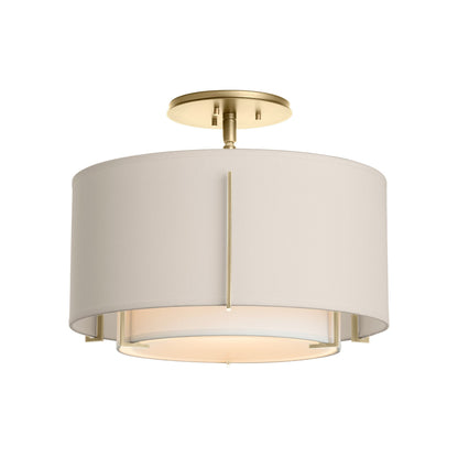 Exos Double Shade Semi Flush Mount Ceiling Light in Modern Brass/Natural Anna/Flax (Small).
