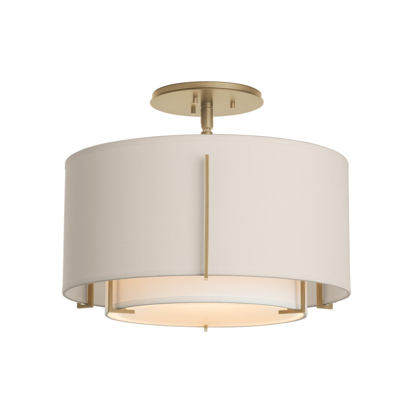 Exos Double Shade Semi Flush Mount Ceiling Light in Soft Gold/Natural Anna/Flax (Small).