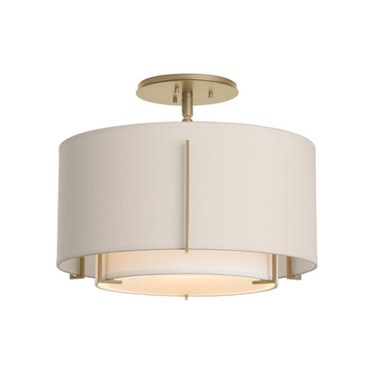 Exos Double Shade Semi Flush Mount Ceiling Light in Soft Gold/Natural Anna/Flax (Small).