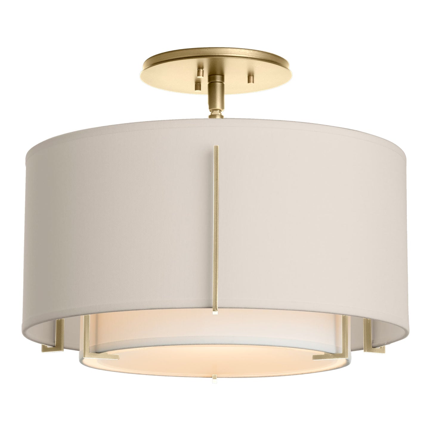 Exos Double Shade Semi Flush Mount Ceiling Light in Modern Brass/Natural Anna/Flax (Large).