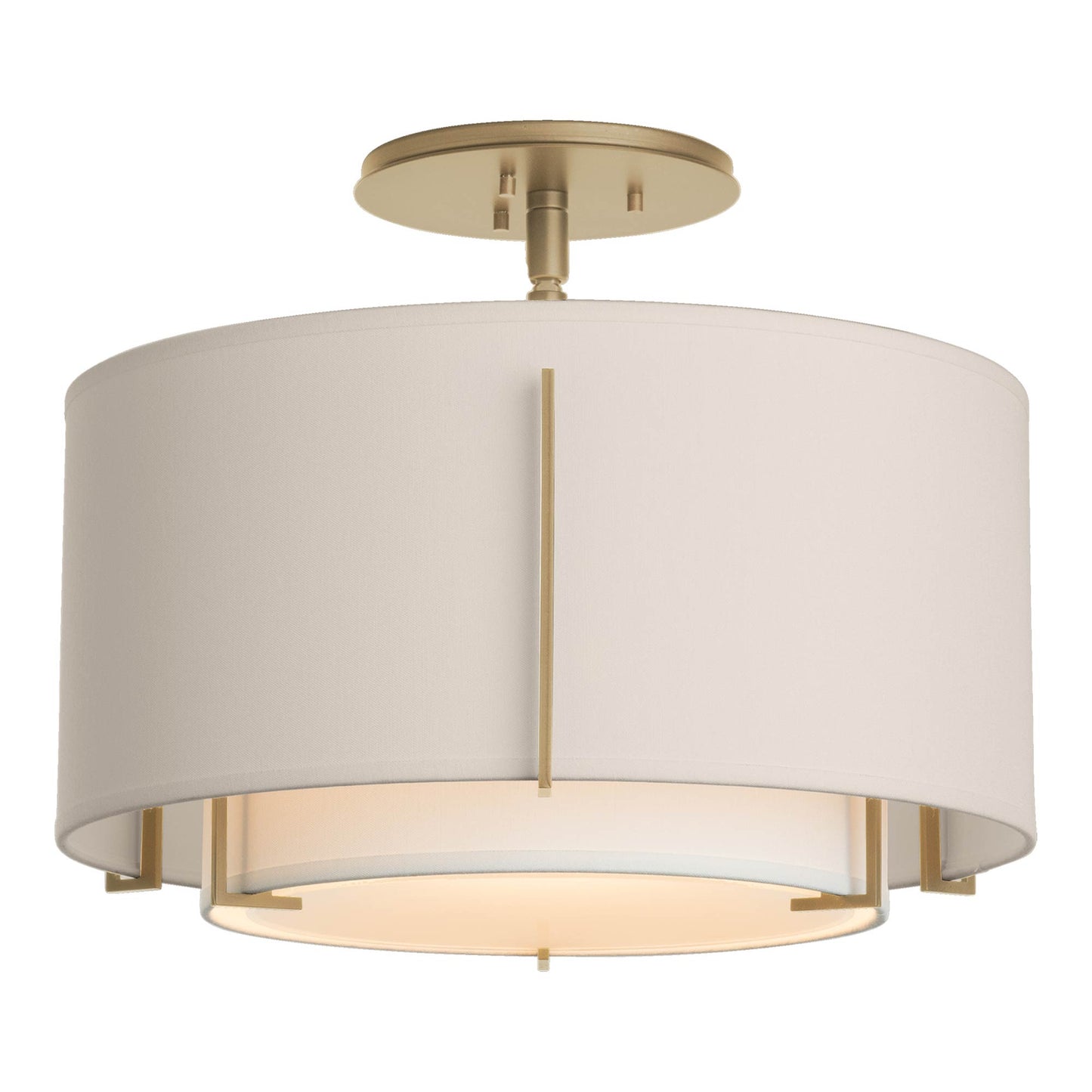 Exos Double Shade Semi Flush Mount Ceiling Light in Soft Gold/Natural Anna/Flax (Large).