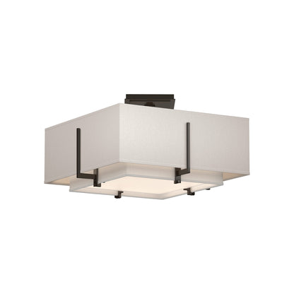 Exos Square Double Shade Semi Flush Mount Ceiling Light in Oil Rubbed Bronze/Natural Anna/Flax (Small).