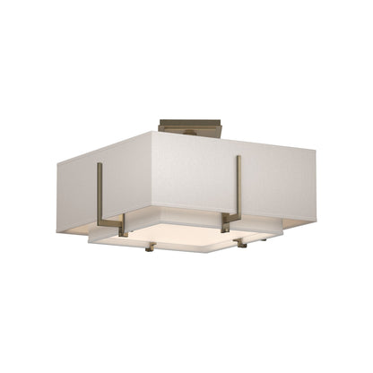 Exos Square Double Shade Semi Flush Mount Ceiling Light in Soft Gold/Natural Anna/Flax (Small).