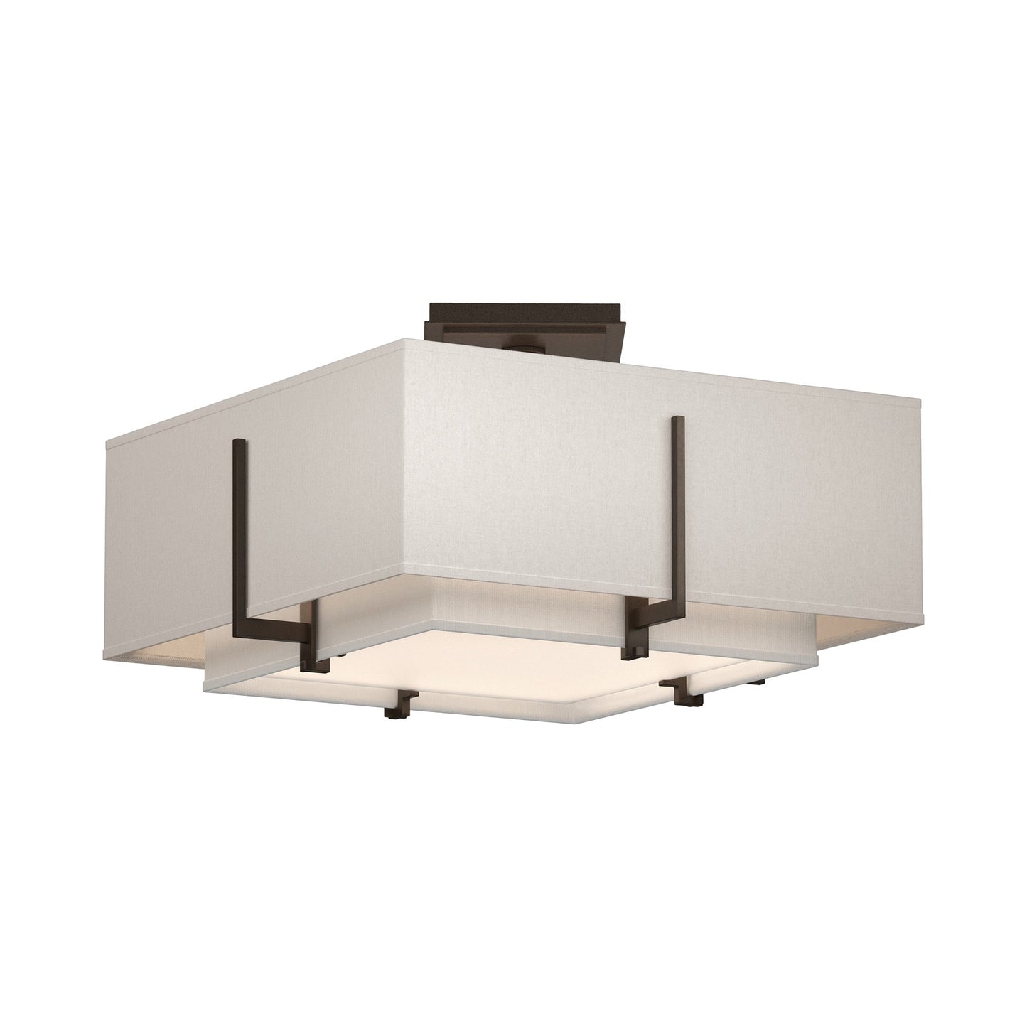 Exos Square Double Shade Semi Flush Mount Ceiling Light in Bronze/Natural Anna/Flax (Medium).