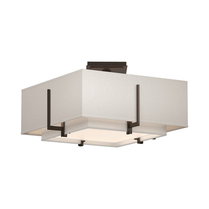 Exos Square Double Shade Semi Flush Mount Ceiling Light in Bronze/Natural Anna/Flax (Medium).