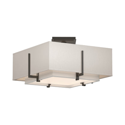 Exos Square Double Shade Semi Flush Mount Ceiling Light in Dark Smoke/Natural Anna/Flax (Medium).