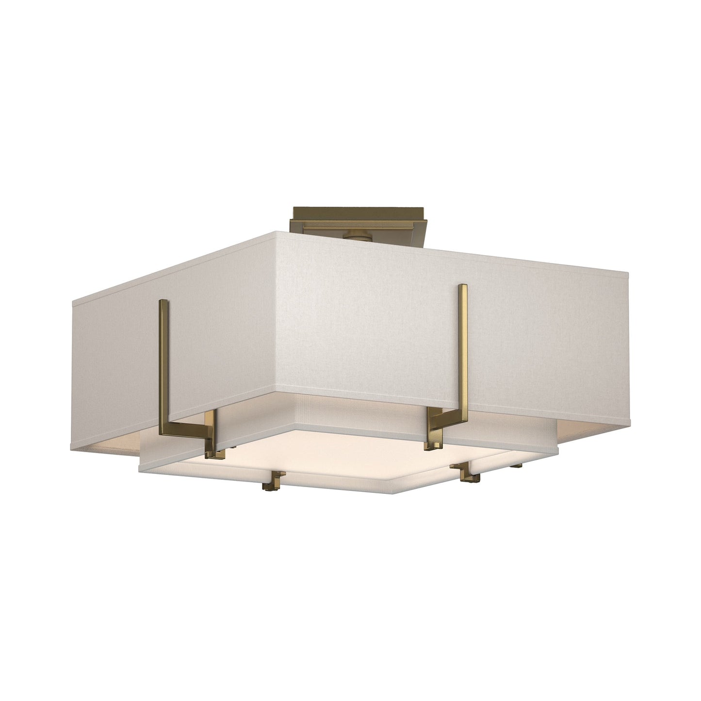 Exos Square Double Shade Semi Flush Mount Ceiling Light in Modern Brass/Natural Anna/Flax (Medium).