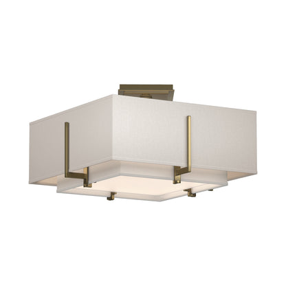 Exos Square Double Shade Semi Flush Mount Ceiling Light in Modern Brass/Natural Anna/Flax (Medium).