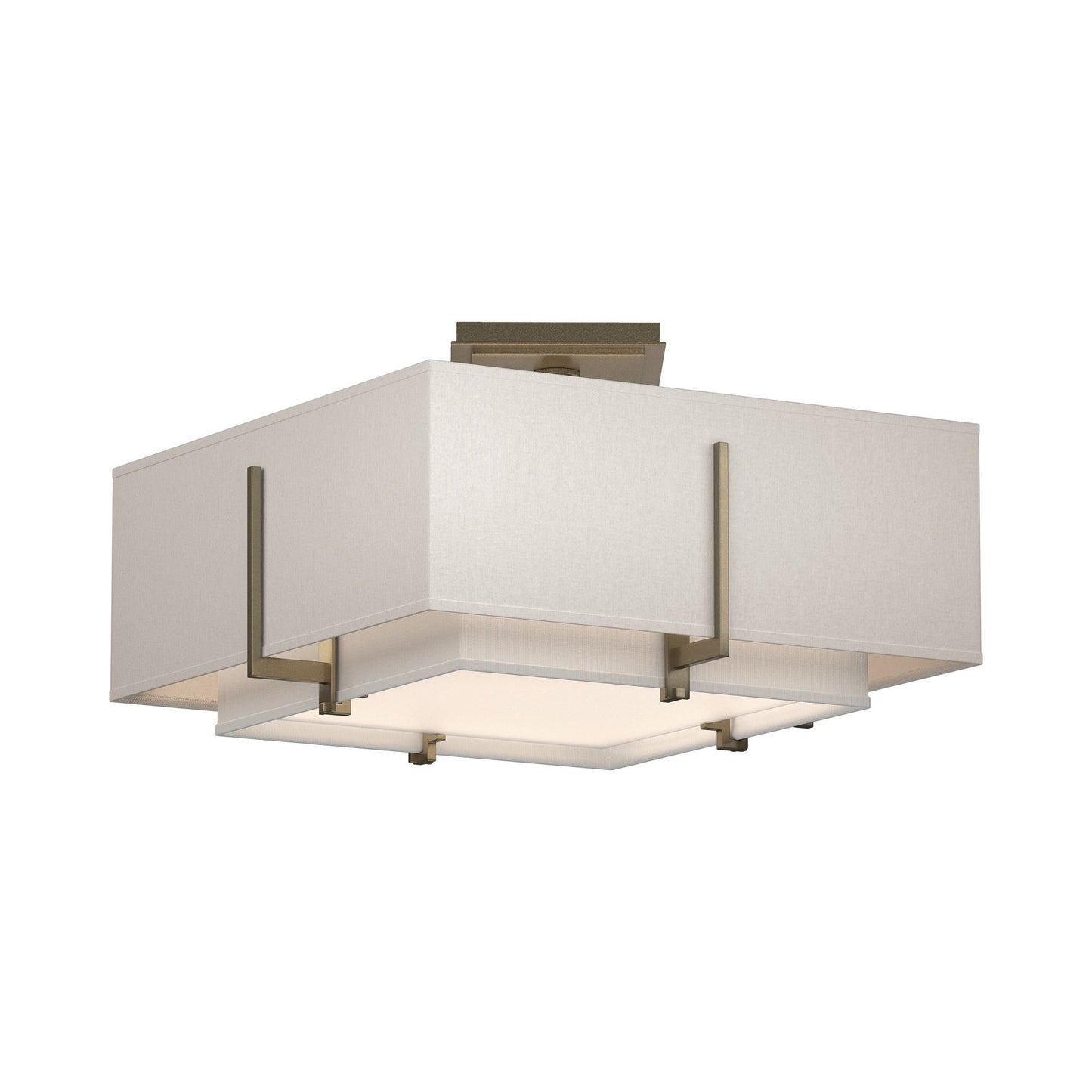 Exos Square Double Shade Semi Flush Mount Ceiling Light in Soft Gold/Natural Anna/Flax (Medium).