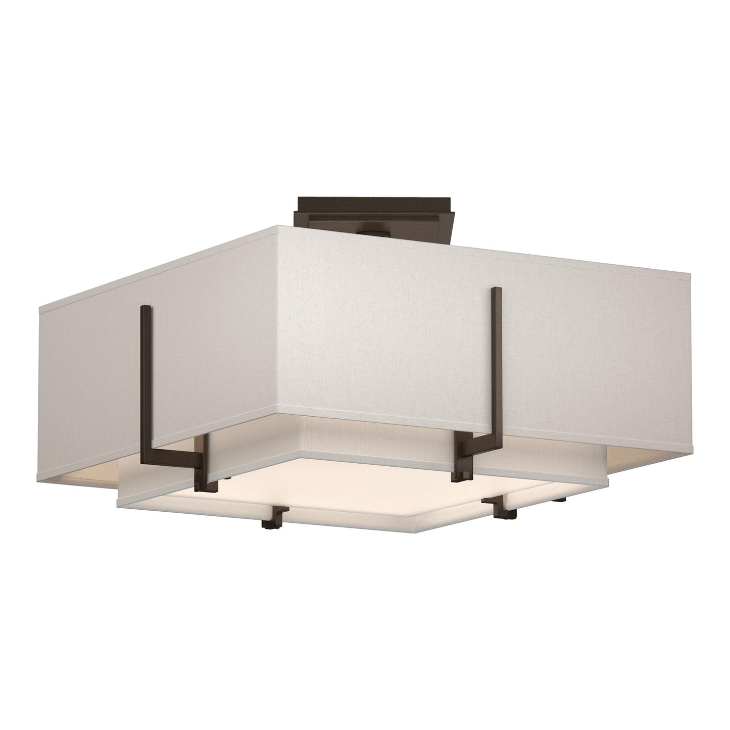 Exos Square Double Shade Semi Flush Mount Ceiling Light in Bronze/Natural Anna/Flax (Large).