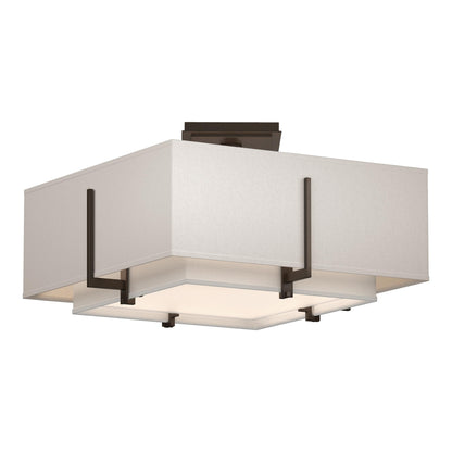 Exos Square Double Shade Semi Flush Mount Ceiling Light in Bronze/Natural Anna/Flax (Large).