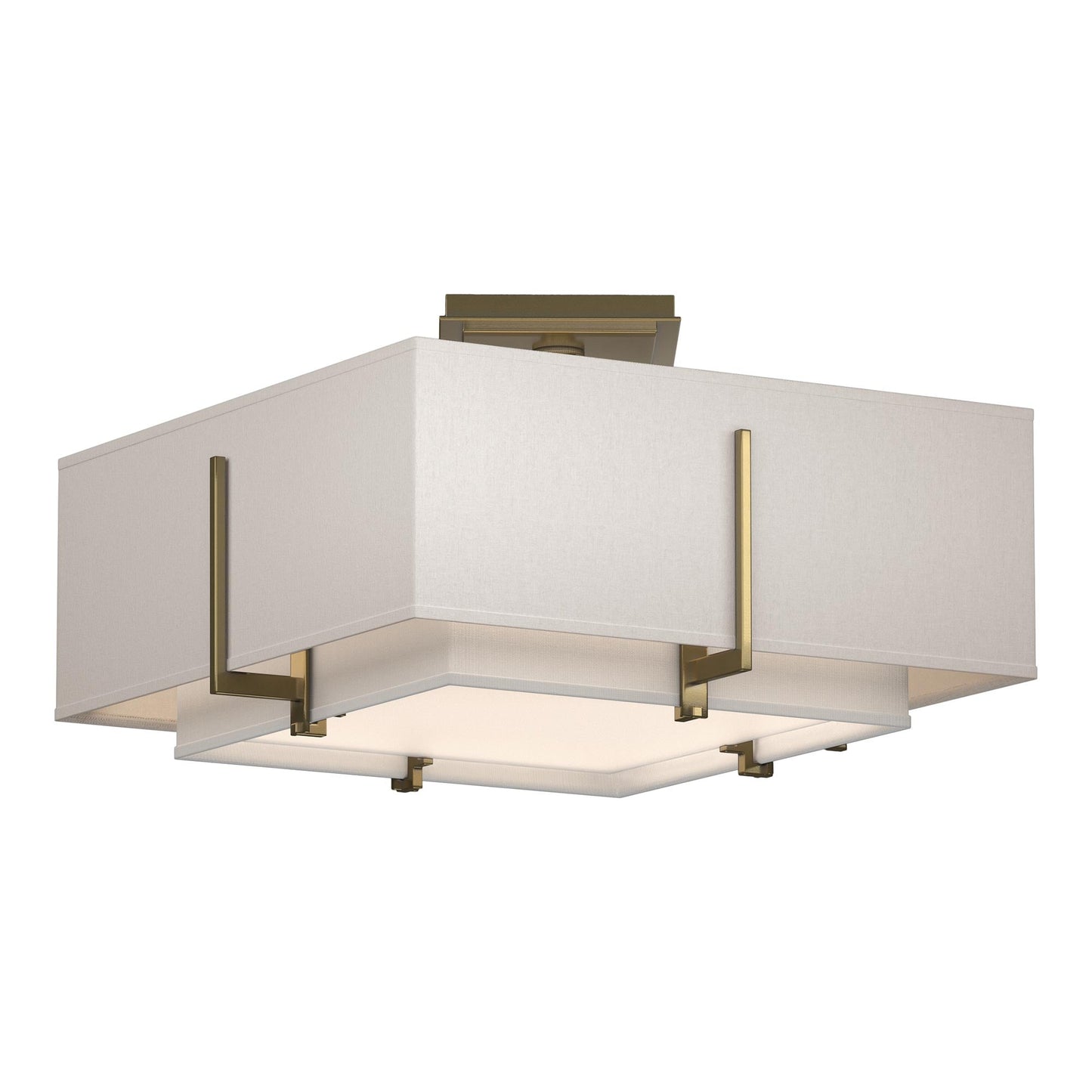 Exos Square Double Shade Semi Flush Mount Ceiling Light in Modern Brass/Natural Anna/Flax (Large).