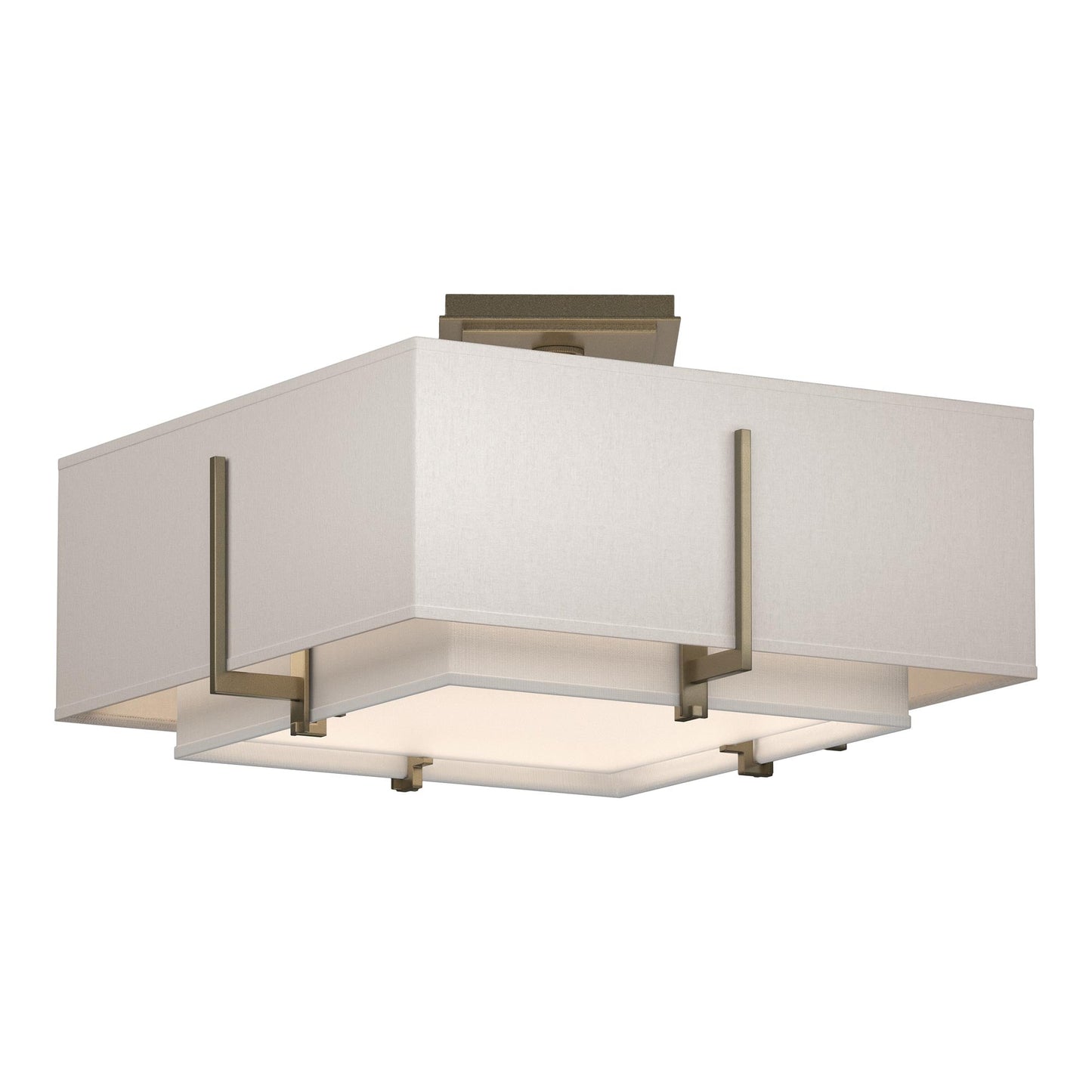 Exos Square Double Shade Semi Flush Mount Ceiling Light in Soft Gold/Natural Anna/Flax (Large).
