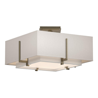 Exos Square Double Shade Semi Flush Mount Ceiling Light in Soft Gold/Natural Anna/Flax (Large).