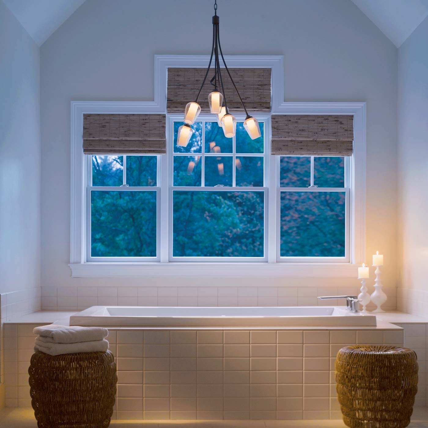 Flora Multi-Light Arm Chandelier in bathroom.