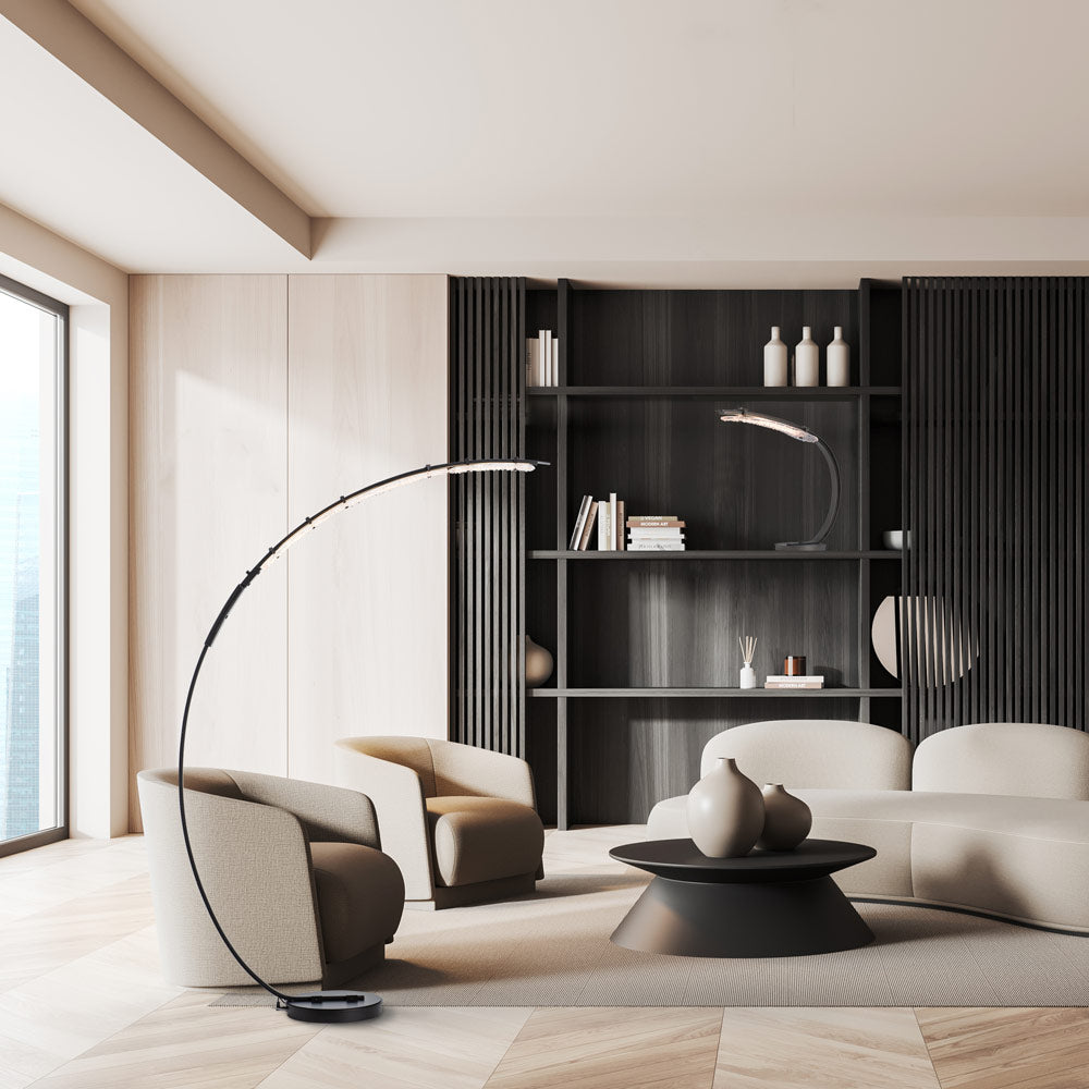 Glissade LED Arc Floor Lamp in living room.
