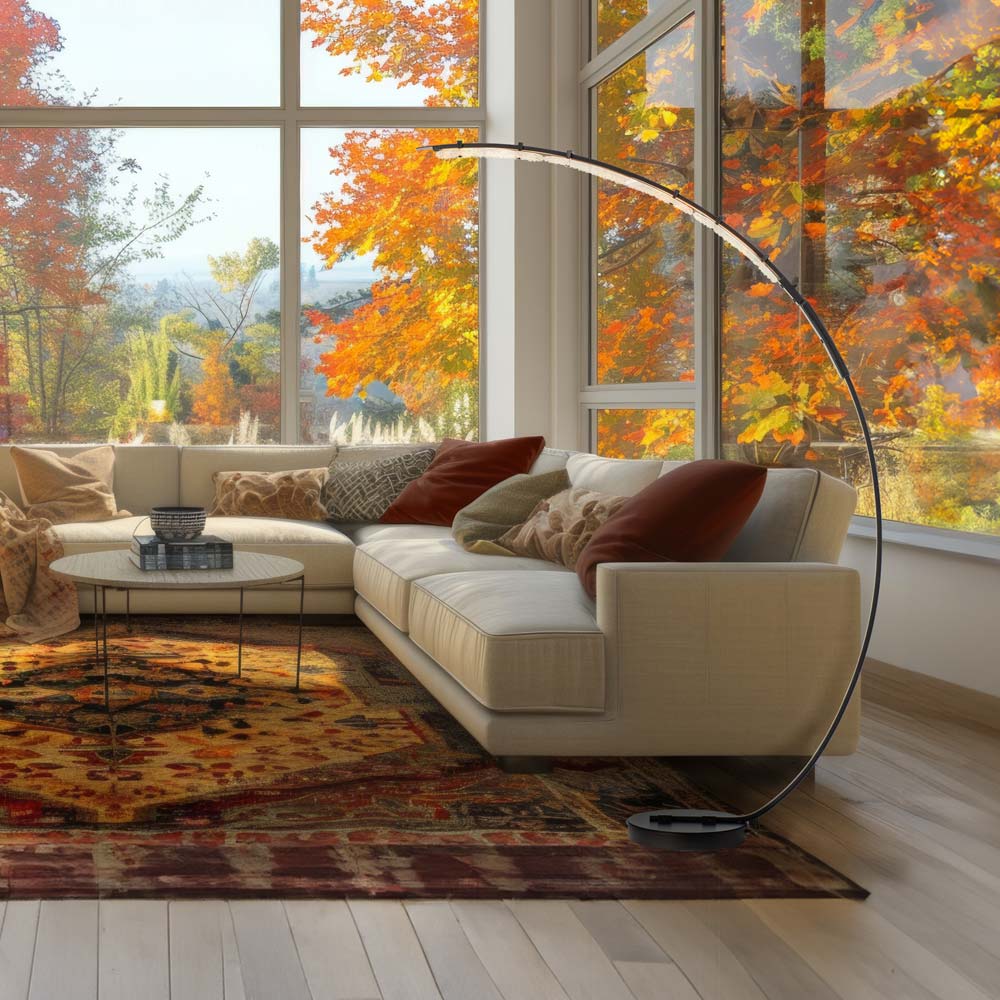 Glissade LED Arc Floor Lamp in living room.