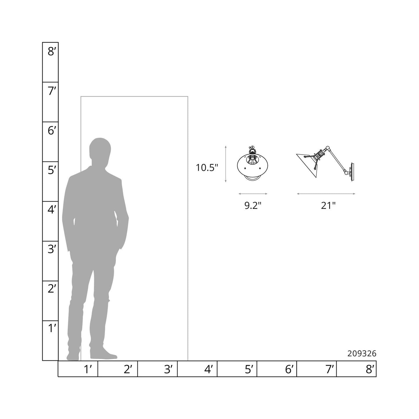 Henry Swing Arm Glass Shade Wall Light - line drawing.