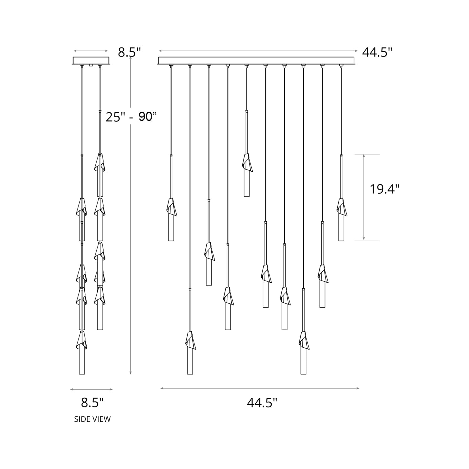 Lilium Linear Pendant Light - line drawing.