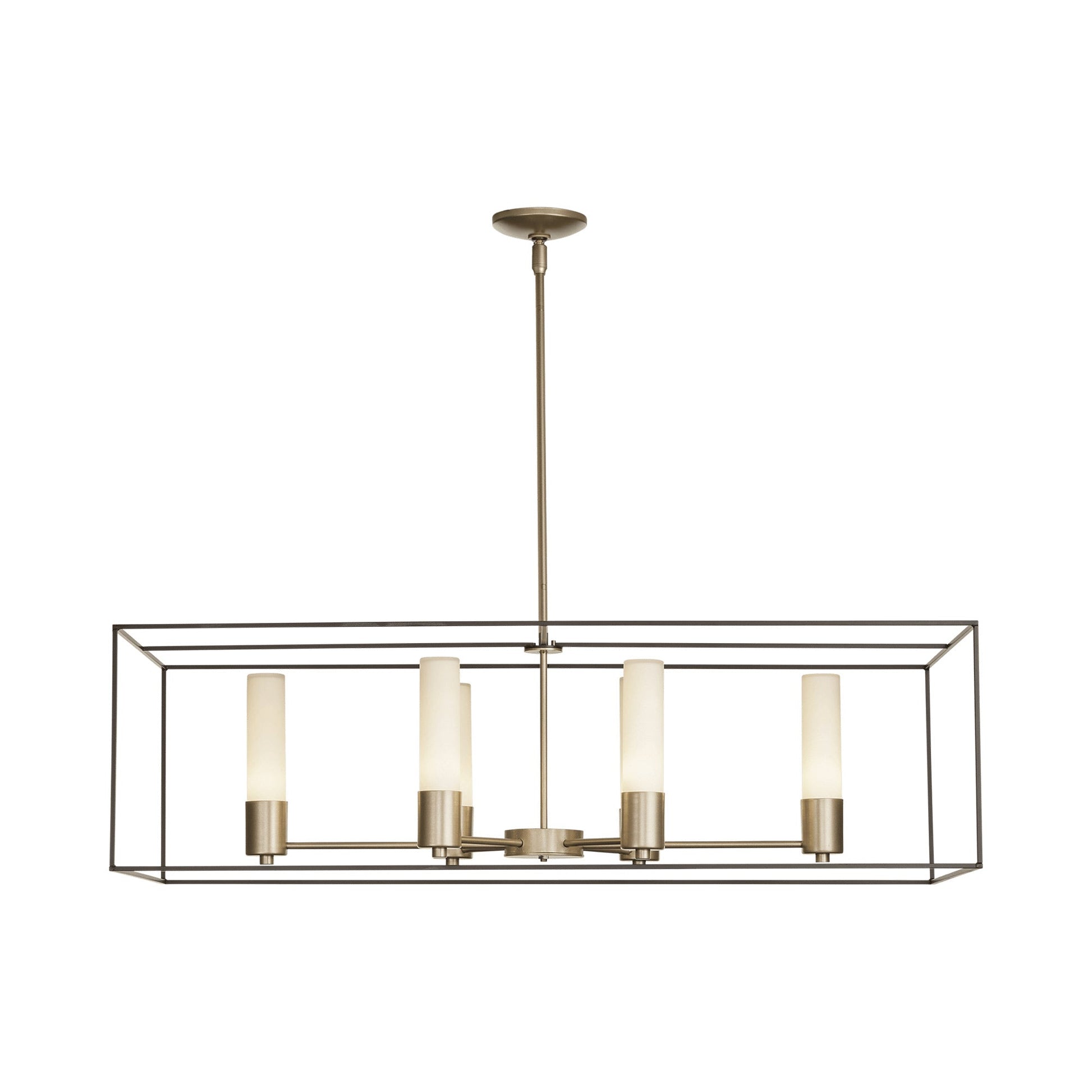 Portico Linear Pendant Light in Soft Gold/Dark Smoke/Opal Glass.