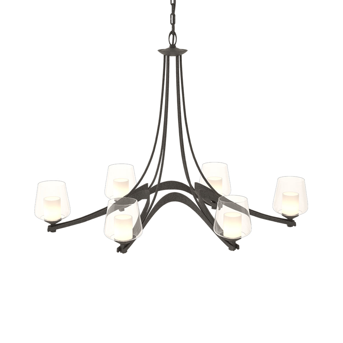 Ribbon Oval Chandelier in Natural Iron/Opal and Clear Glass.