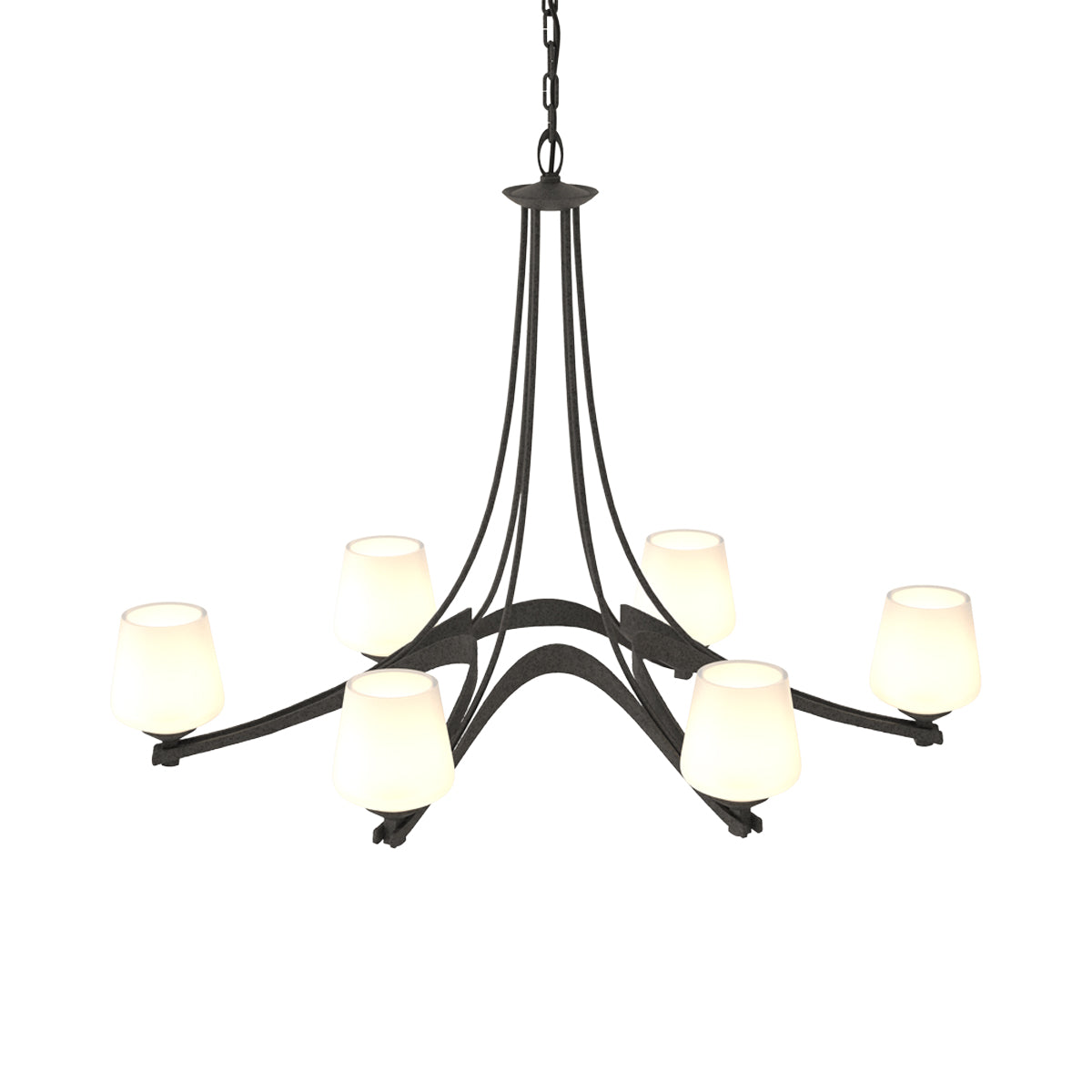Ribbon Oval Chandelier in Natural Iron/Opal Glass.