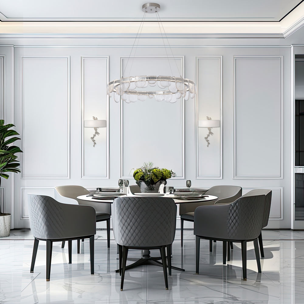 Riverbed Circular LED Pendant Light in dining room.