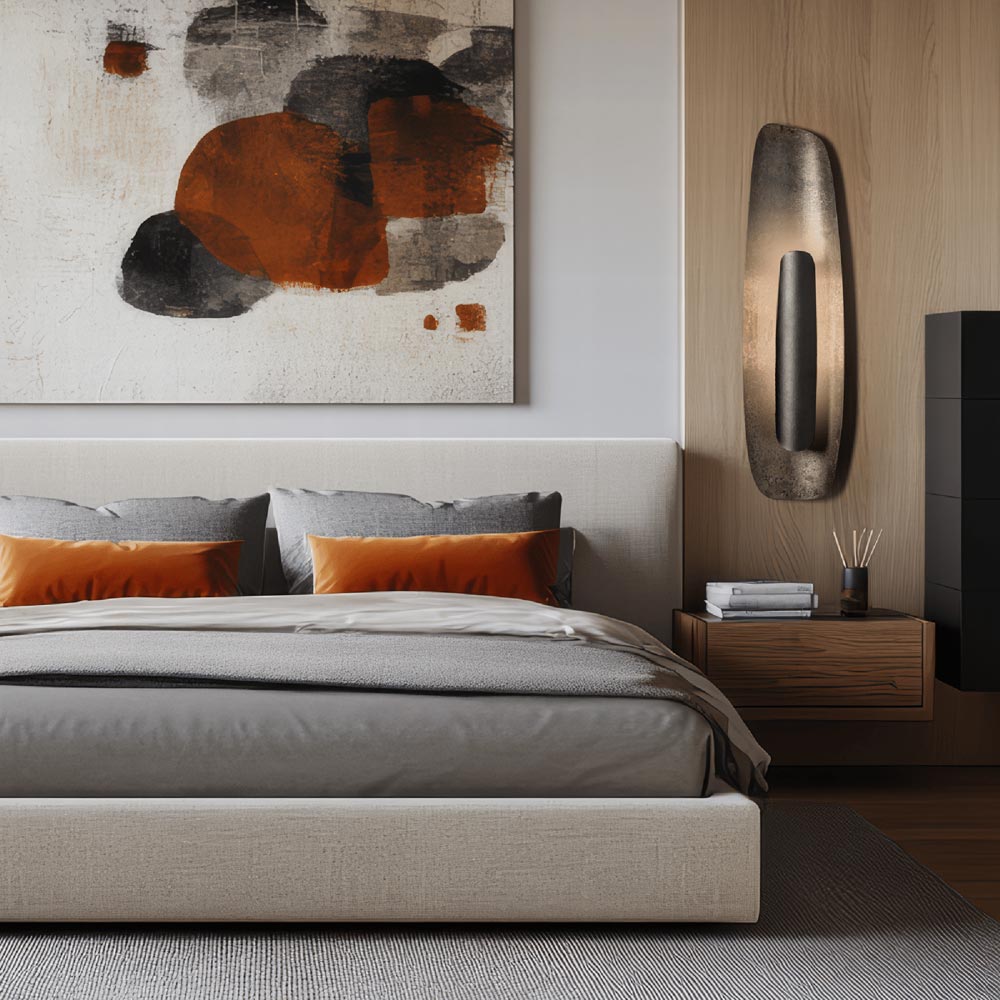 Shield Large LED Wall Light in bedroom.