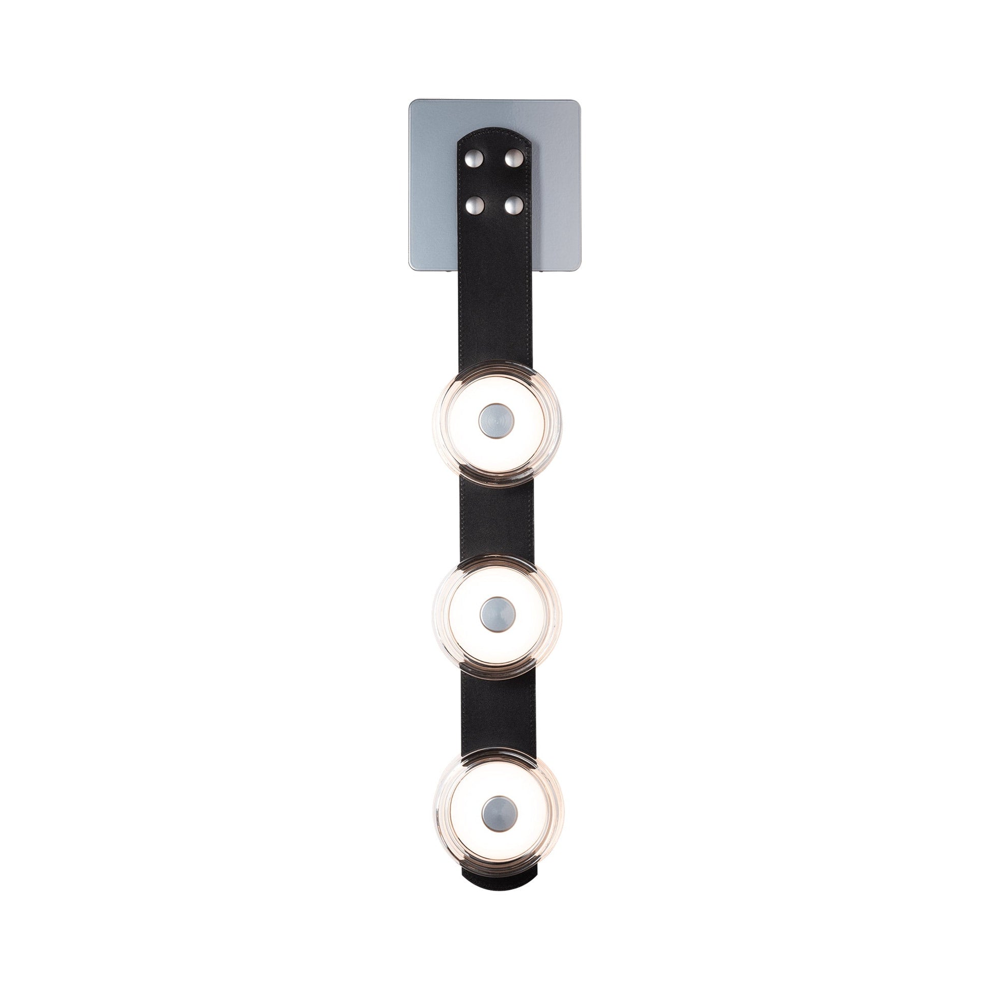 Snaps Multi Light LED Wall Light in Sterling/Pressed Glass/Black Leather.
