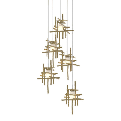 Tura Multi Light Pendant Light in Modern Brass/Frosted Glass (Long/5-Light).