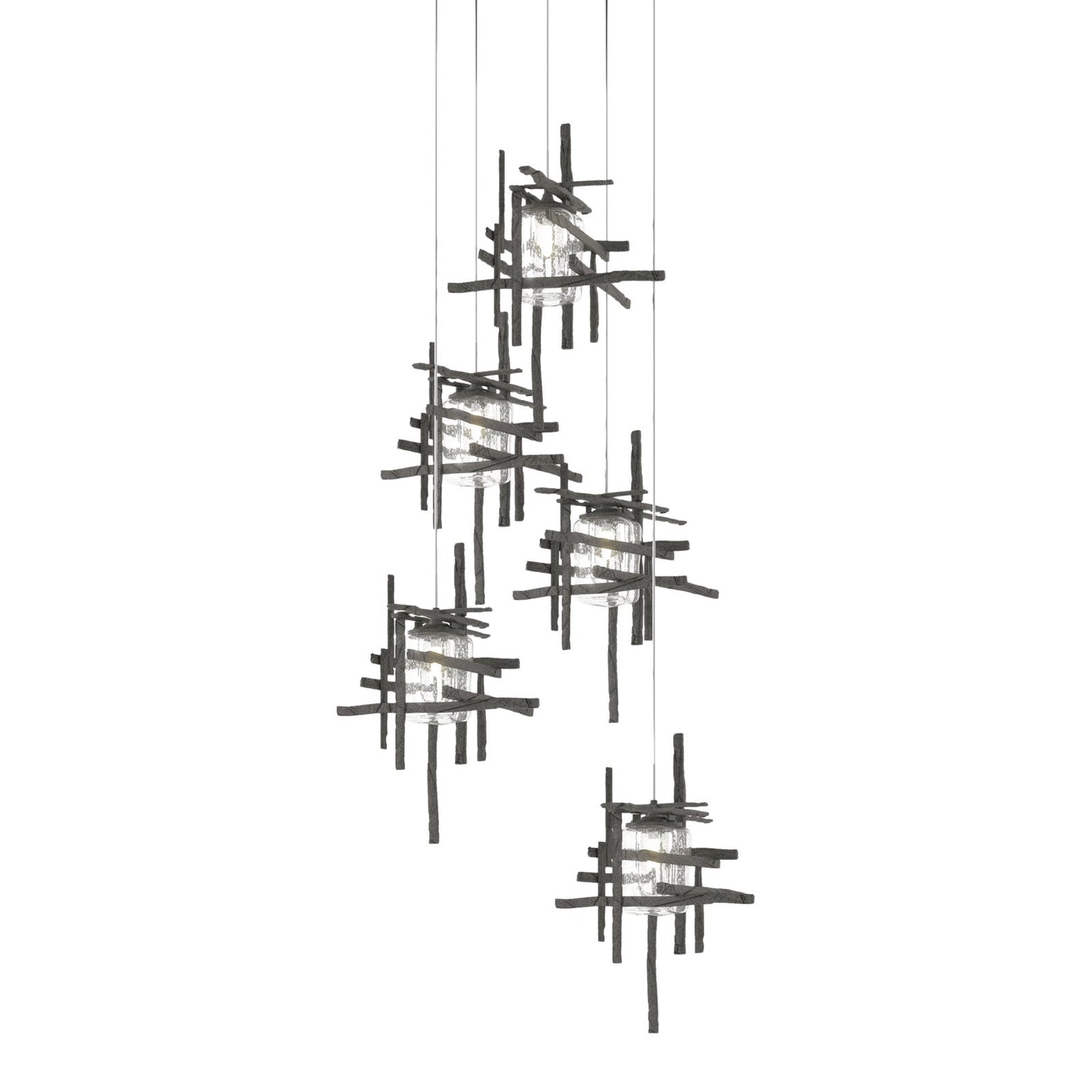 Tura Multi Light Pendant Light in Natural Iron/Seeded Clear Glass (Long/5-Light).