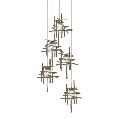 Tura Multi Light Pendant Light in Soft Gold/Seeded Clear Glass (Long/5-Light).