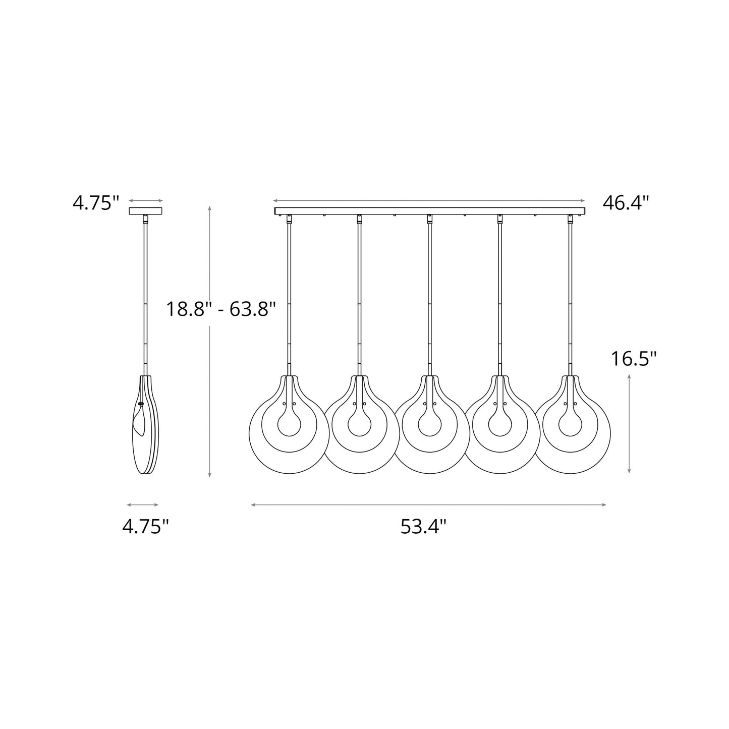 Veneto Linear Pendant Light - line drawing.
