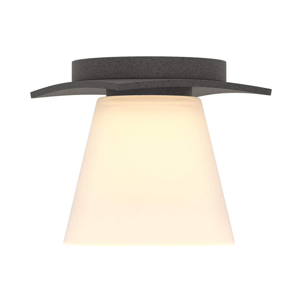Wren Flush Mount Ceiling Light in Natural Iron/Opal and Clear Glass.