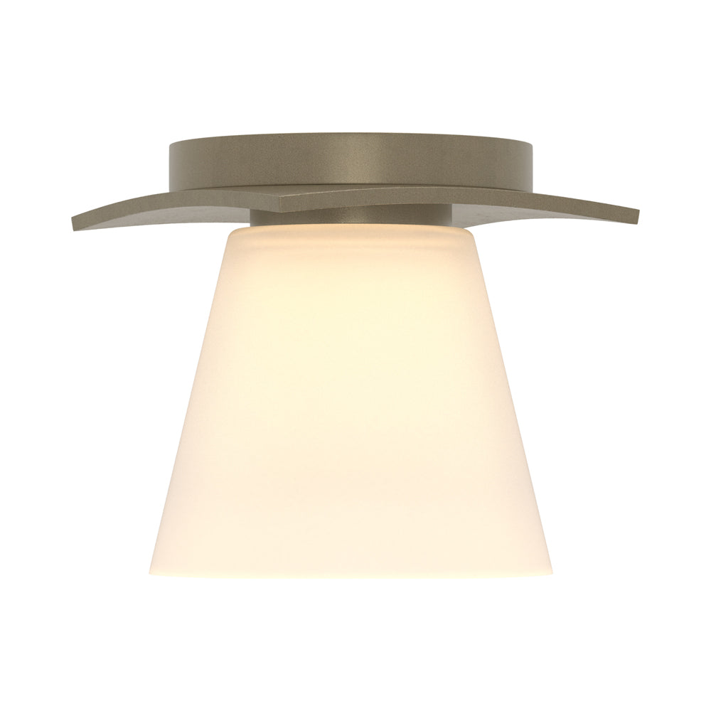 Wren Flush Mount Ceiling Light in Soft Gold/Opal and Clear Glass.