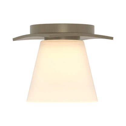 Wren Flush Mount Ceiling Light in Soft Gold/Opal and Clear Glass.