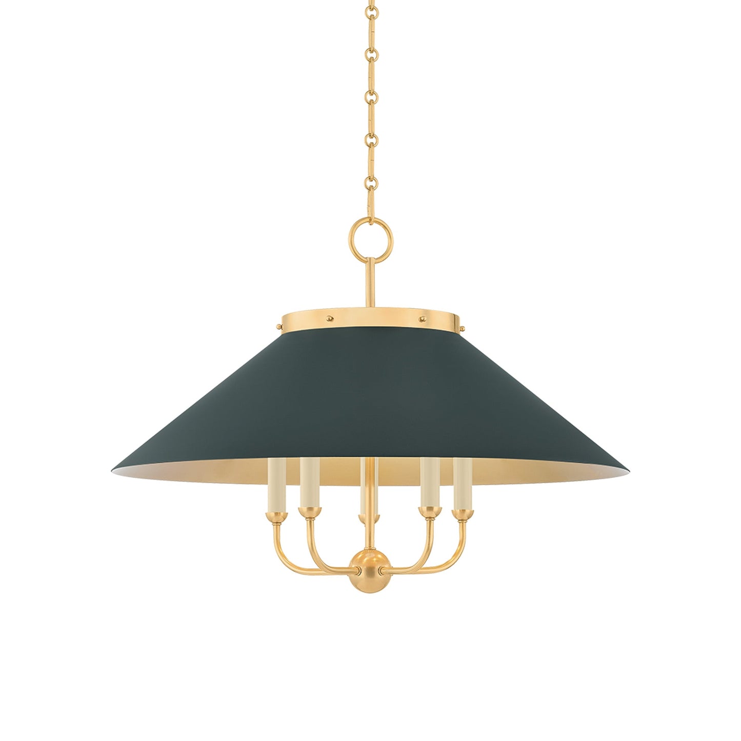 Clivedon Chandelier in Aged Brass/Soft Studio Green.