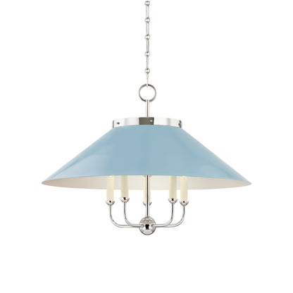 Clivedon Chandelier in Polished Nickel/Bird Blue.