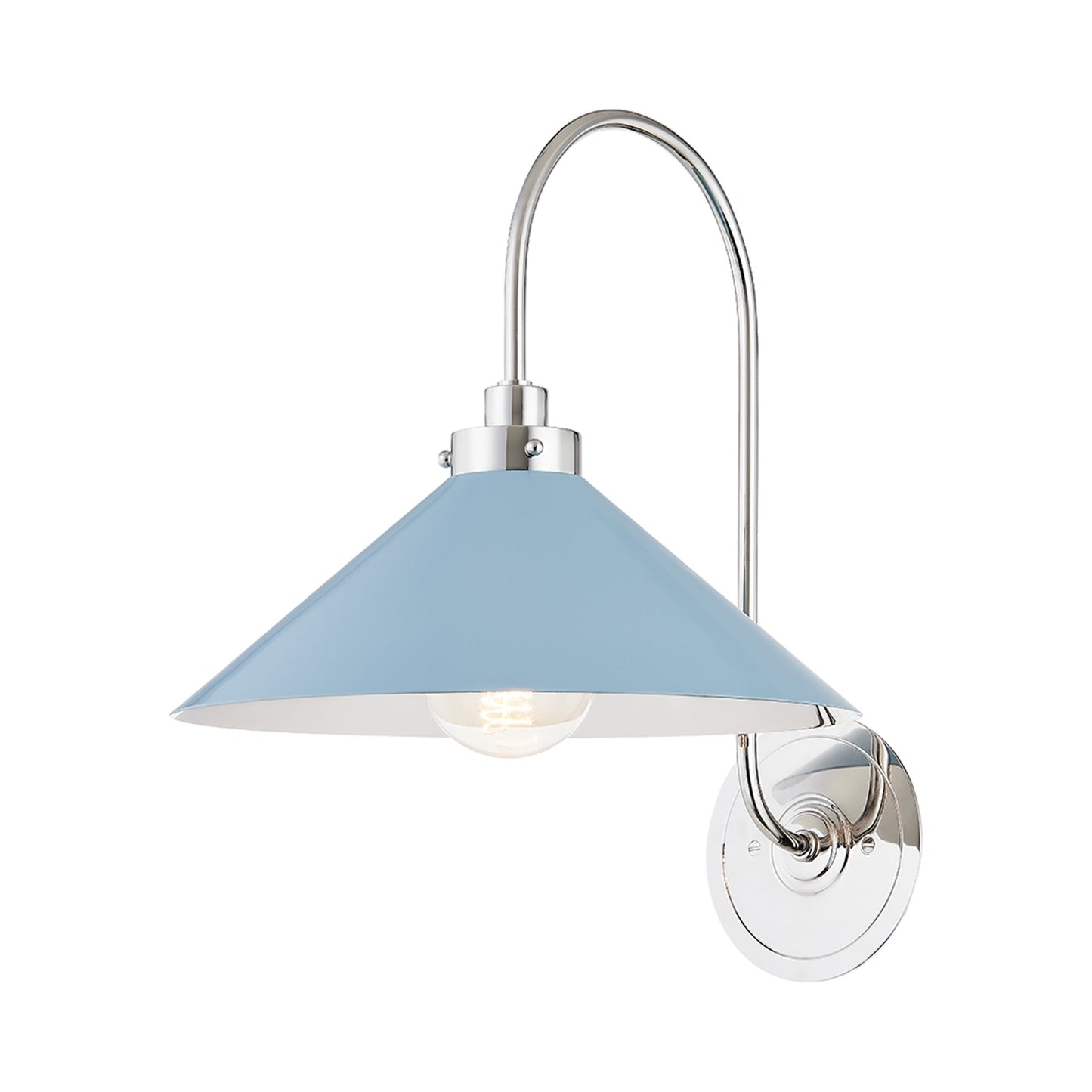 Clivedon Wall Light in Polished Nickel/Bird Blue.