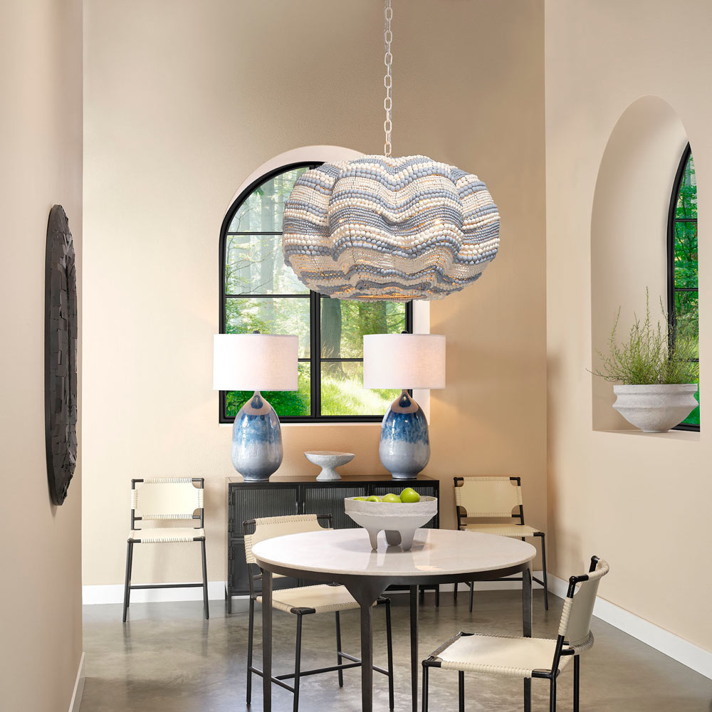Clamshell Chandelier in living room.