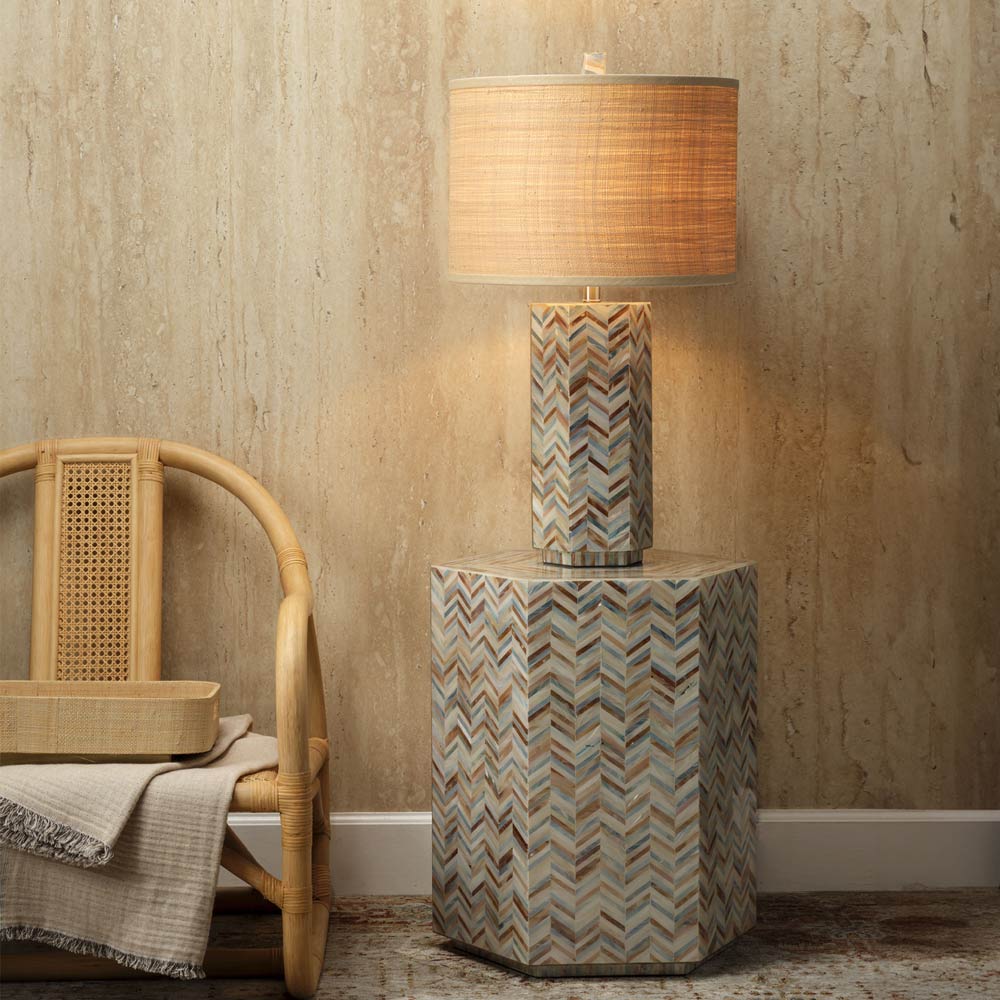 Drum Raffia Shade in living room.