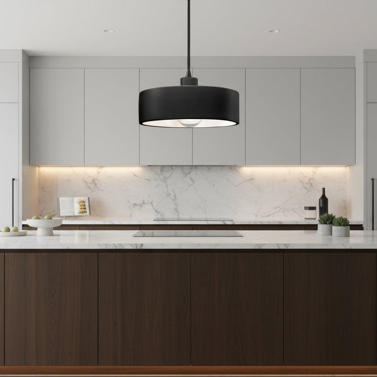 Black pendant light on a white background