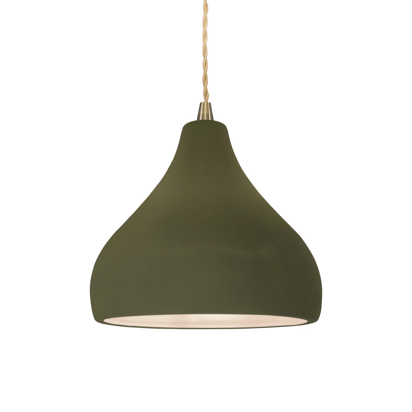 Radiance Droplet Pendant Light in Matte Green/Antique Brass/Beige Twist.