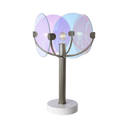 Chroma Table Lamp in Satin Nickel.
